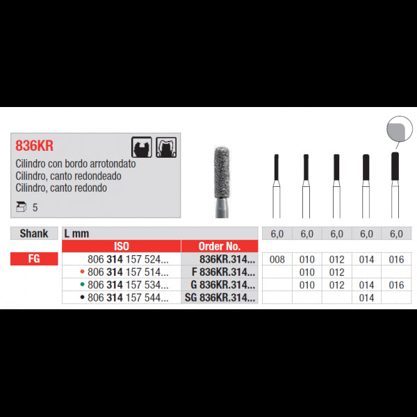 Edenta Diamantboor Cilinder met ronde einde FG SG 836KR.314.014 6 mm-Edenta-Sordent
